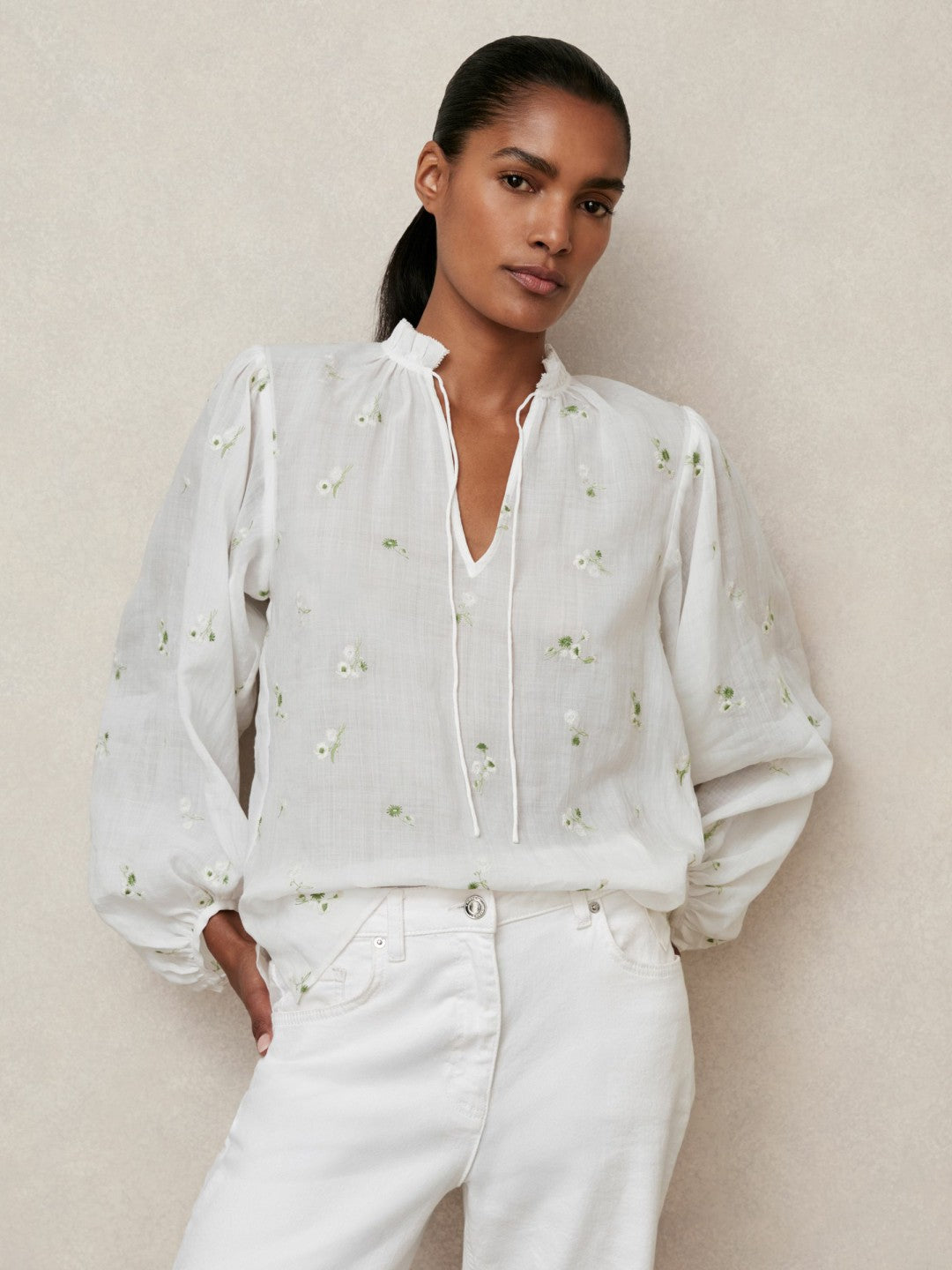 Floral-Embroidered Tie-Neck Blouse Ramie-Lyocell in Ivory | Reiss Women Featured