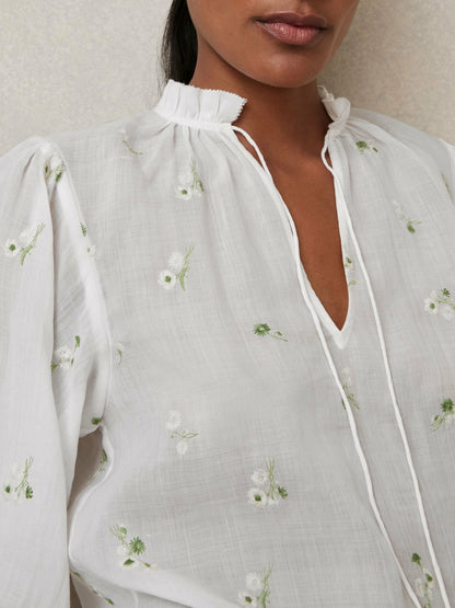 Floral-Embroidered Tie-Neck Blouse Ramie-Lyocell in Ivory | Reiss Women Featured