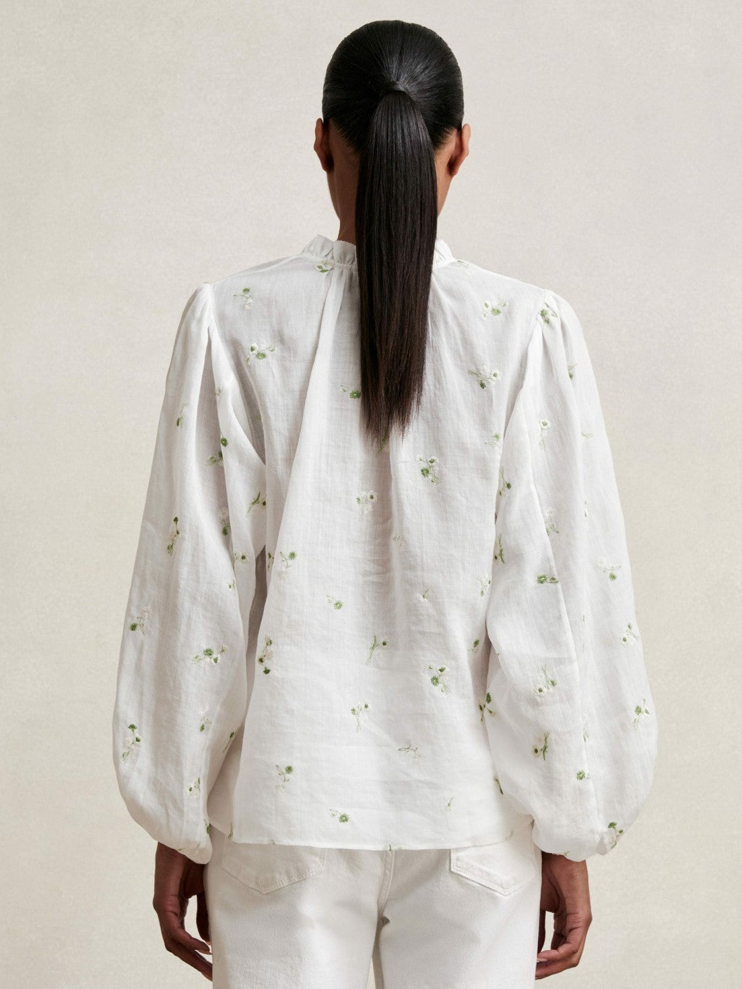 Floral-Embroidered Tie-Neck Blouse Ramie-Lyocell in Ivory | Reiss Women Featured
