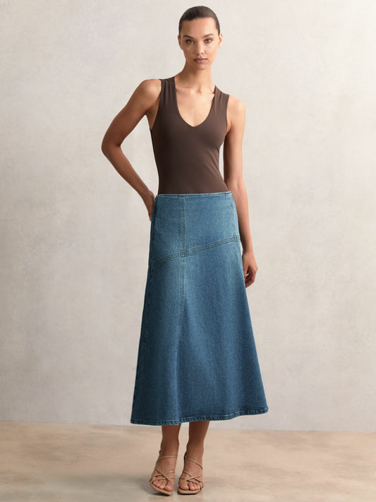 Denim Panelled Midi Skirt in Indigo | Reiss Women New