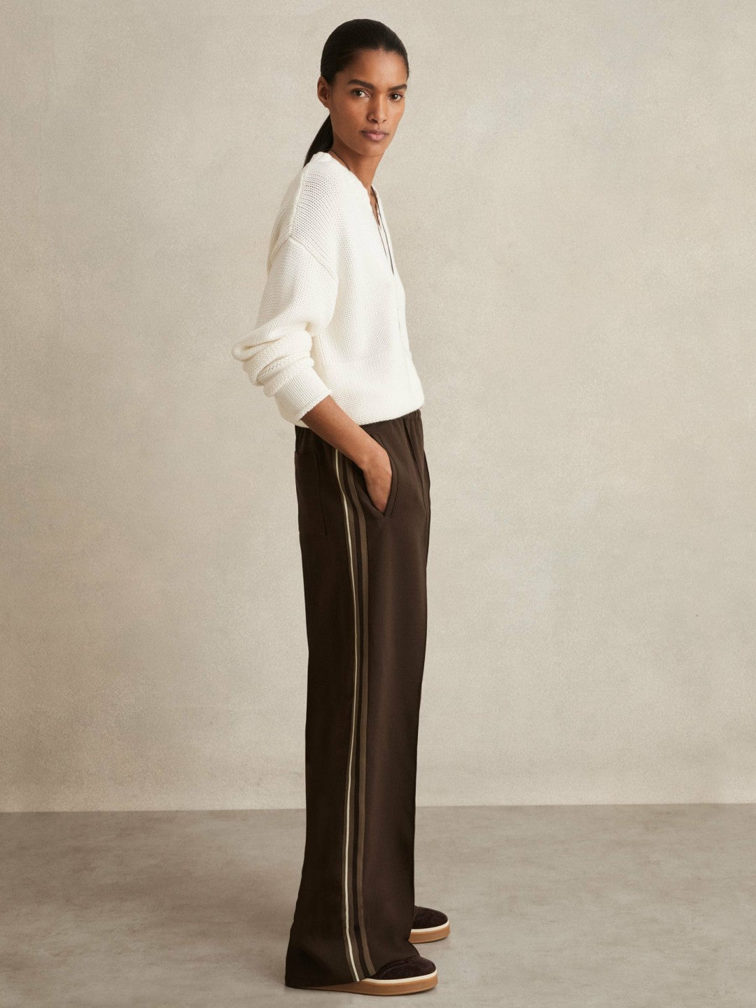 Petite Side-Stripe Wide-Leg Trousers in Chocolate Brown | Reiss Women Signature