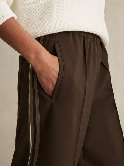 Petite Side-Stripe Wide-Leg Trousers in Chocolate Brown | Reiss Women Signature