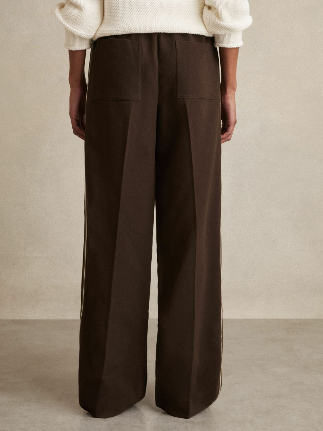 Petite Side-Stripe Wide-Leg Trousers in Chocolate Brown | Reiss Women Signature