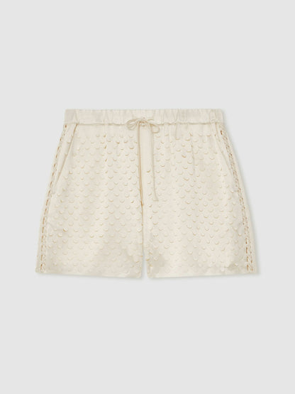 Laser Cut Drawstring Shorts in White | Reiss Women Trending
