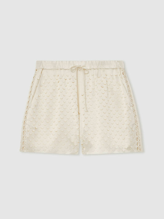 Laser Cut Drawstring Shorts in White | Reiss Women Trending
