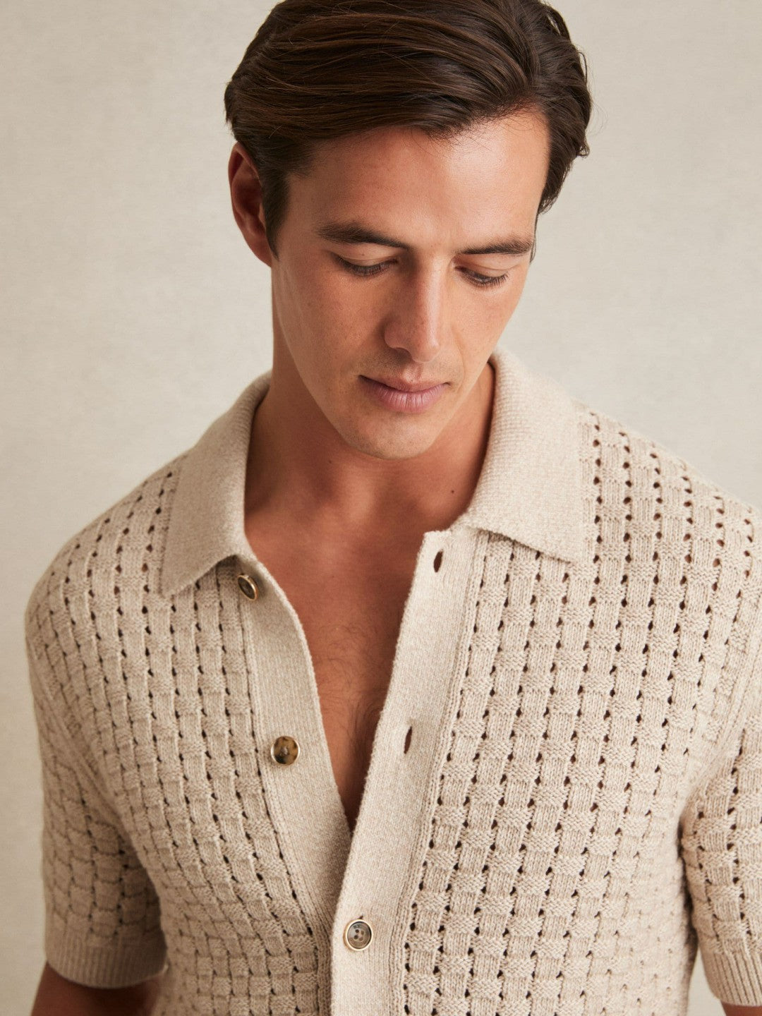 Basketweave Knit Button Through Cotton Blend Shirt in Stone | Reiss Men Featured
