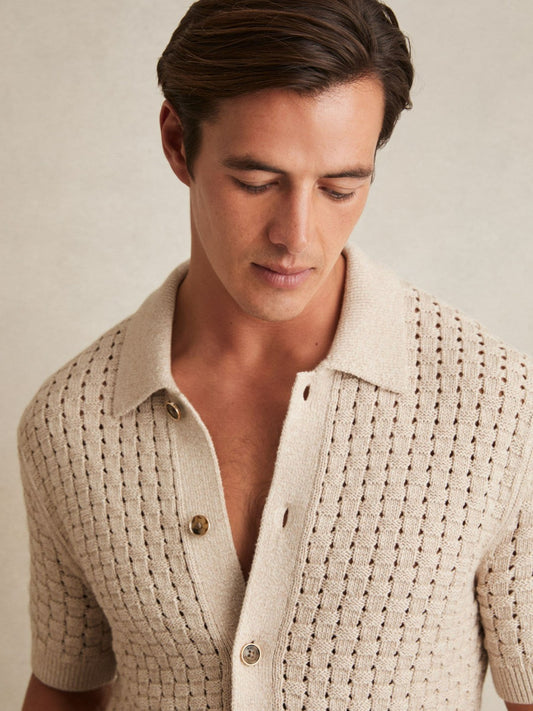 Basketweave Knit Button Through Cotton Blend Shirt in Stone | Reiss Men Featured