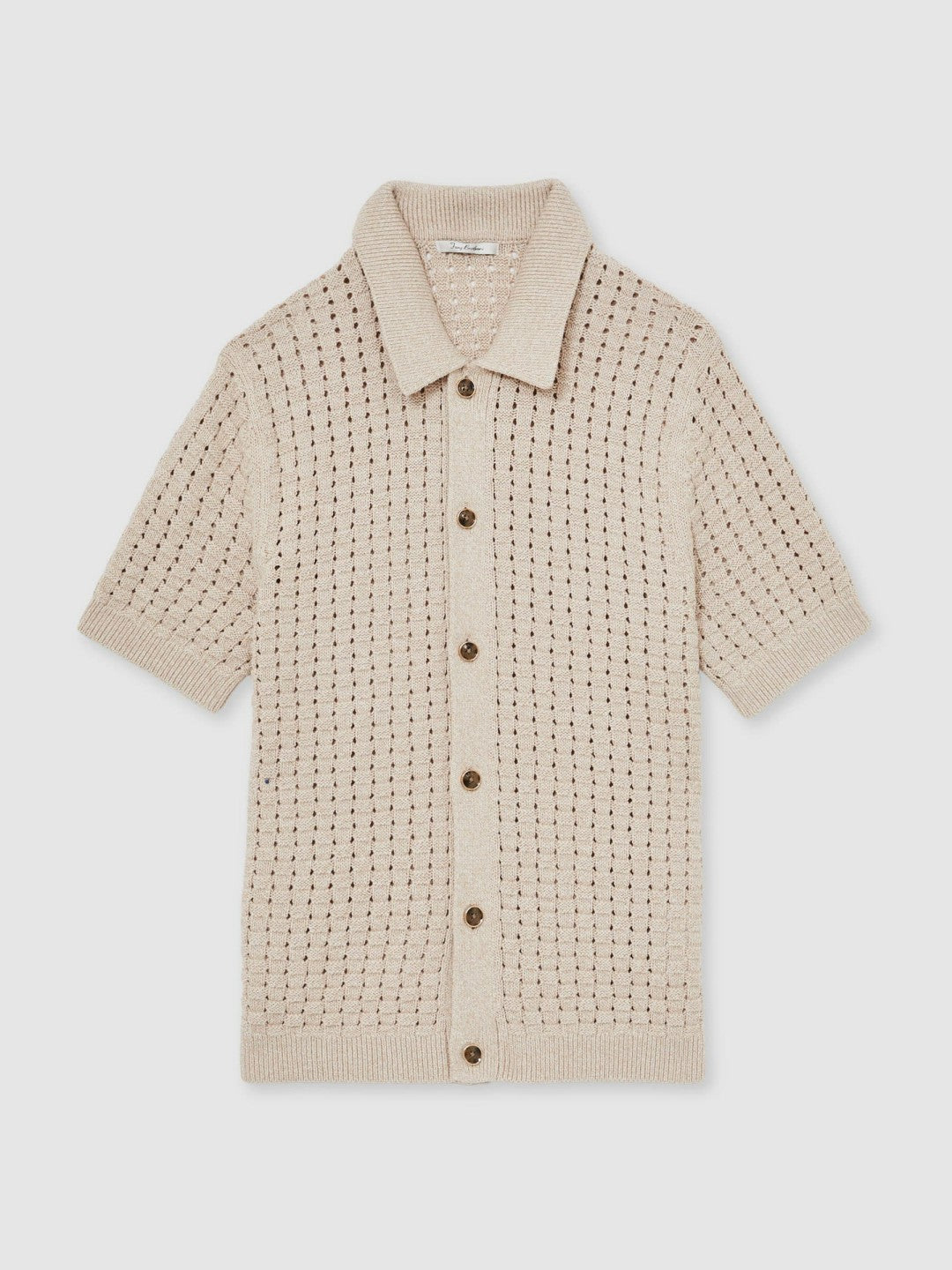 Basketweave Knit Button Through Cotton Blend Shirt in Stone | Reiss Men Featured