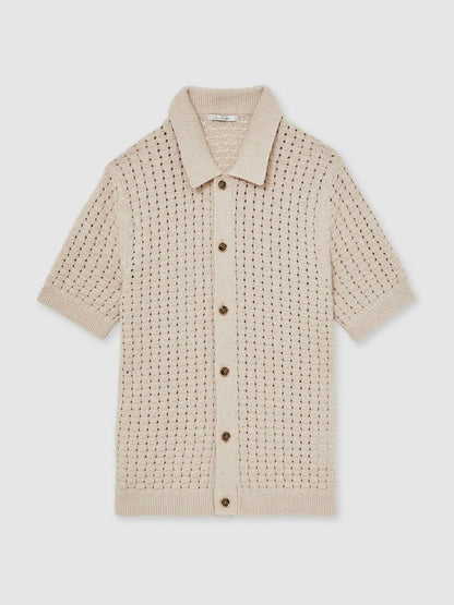 Basketweave Knit Button Through Cotton Blend Shirt in Stone | Reiss Men Featured