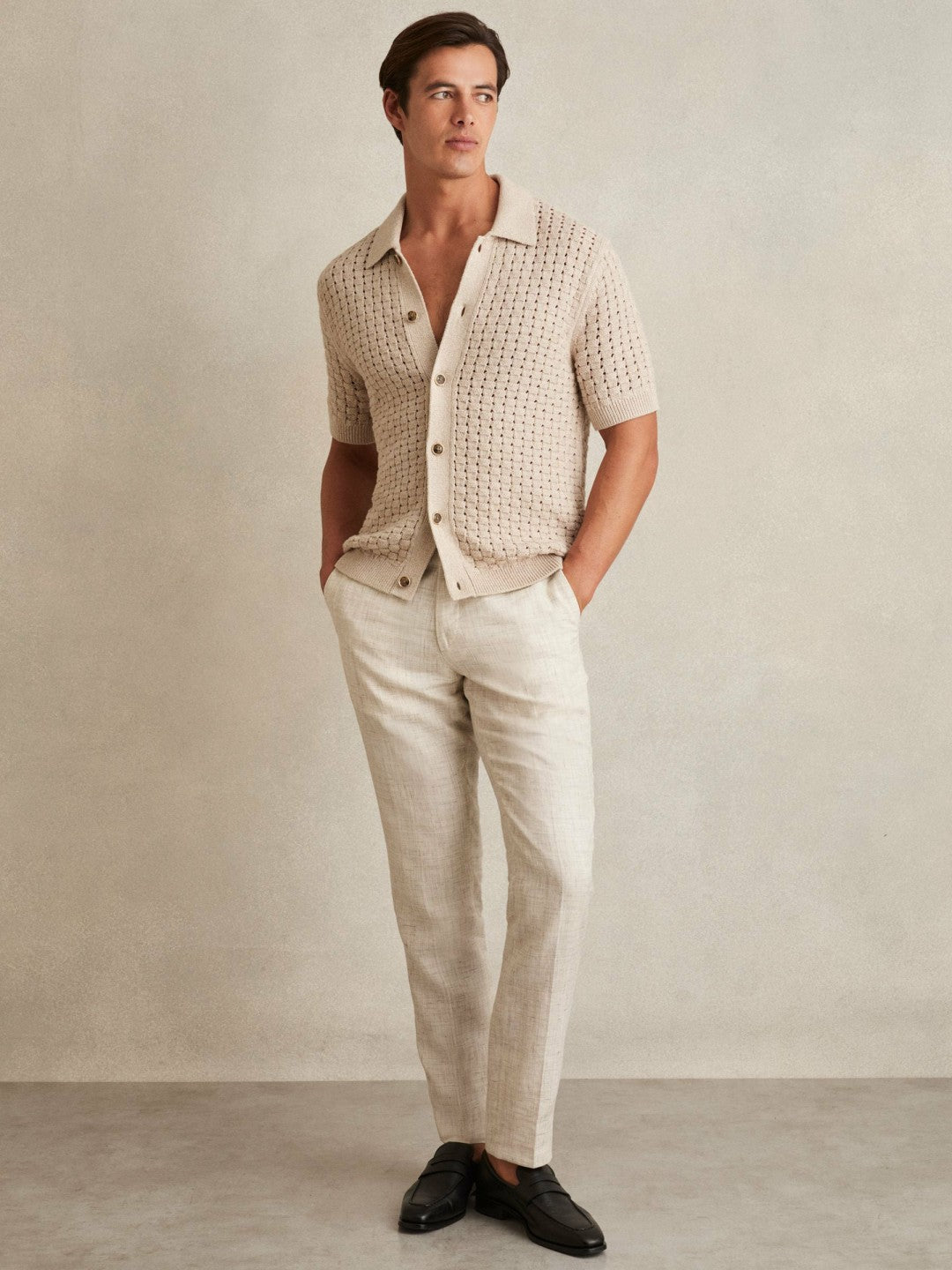 Basketweave Knit Button Through Cotton Blend Shirt in Stone | Reiss Men Featured