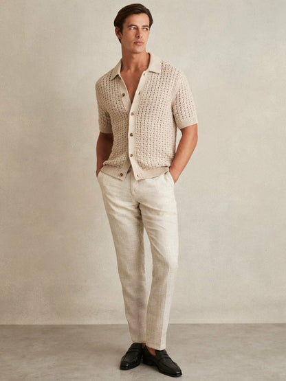 Basketweave Knit Button Through Cotton Blend Shirt in Stone | Reiss Men Featured