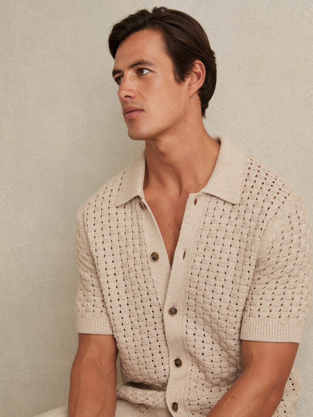 Basketweave Knit Button Through Cotton Blend Shirt in Stone | Reiss Men Featured