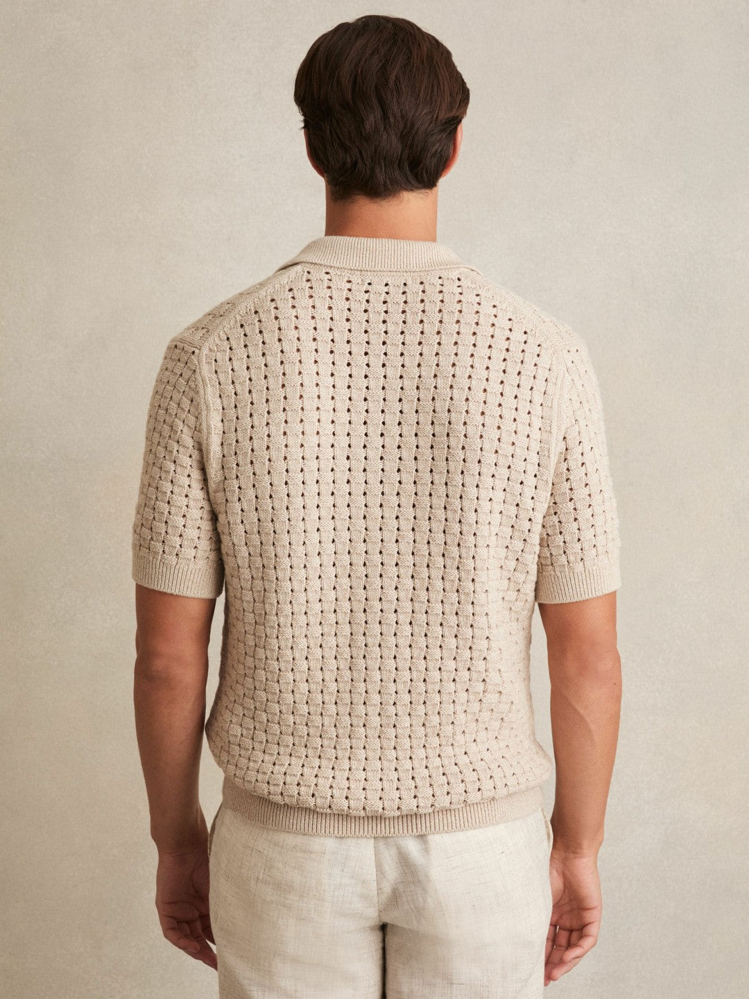 Basketweave Knit Button Through Cotton Blend Shirt in Stone | Reiss Men Featured