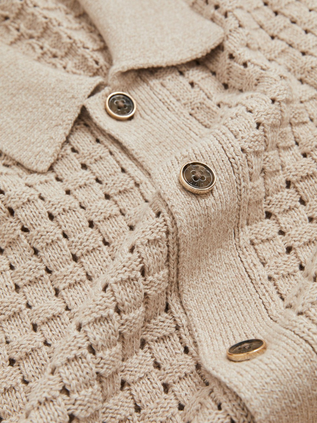 Basketweave Knit Button Through Cotton Blend Shirt in Stone | Reiss Men Featured