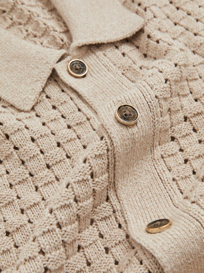 Basketweave Knit Button Through Cotton Blend Shirt in Stone | Reiss Men Featured