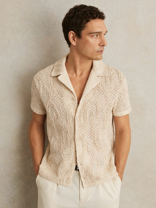 Cotton-Blend Embroidered Crochet Shirt in Oatmeal | Reiss Men Featured