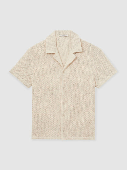 Cotton-Blend Embroidered Crochet Shirt in Oatmeal | Reiss Men Featured