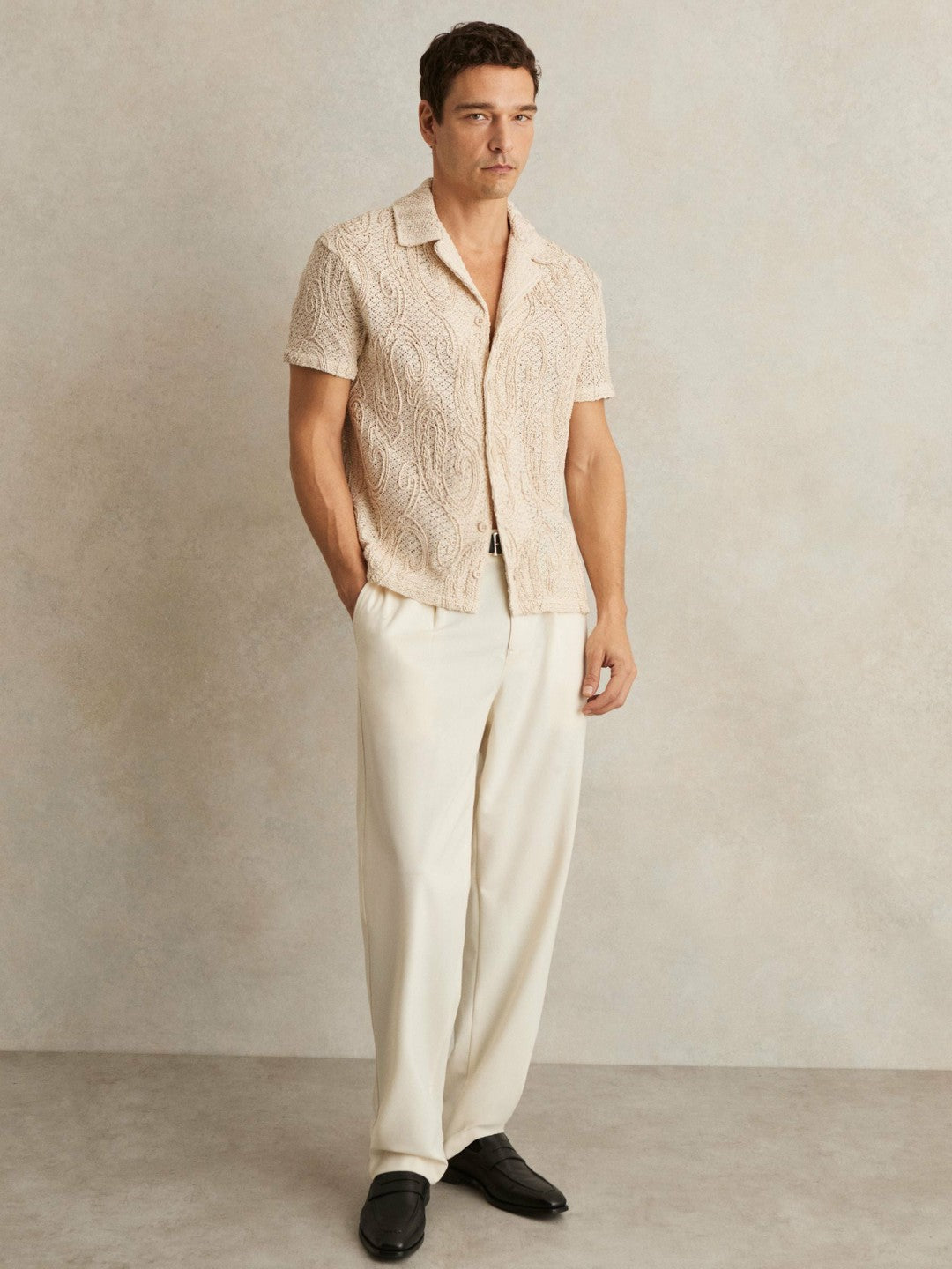 Cotton-Blend Embroidered Crochet Shirt in Oatmeal | Reiss Men Featured