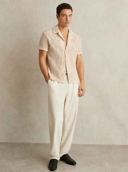 Cotton-Blend Embroidered Crochet Shirt in Oatmeal | Reiss Men Featured