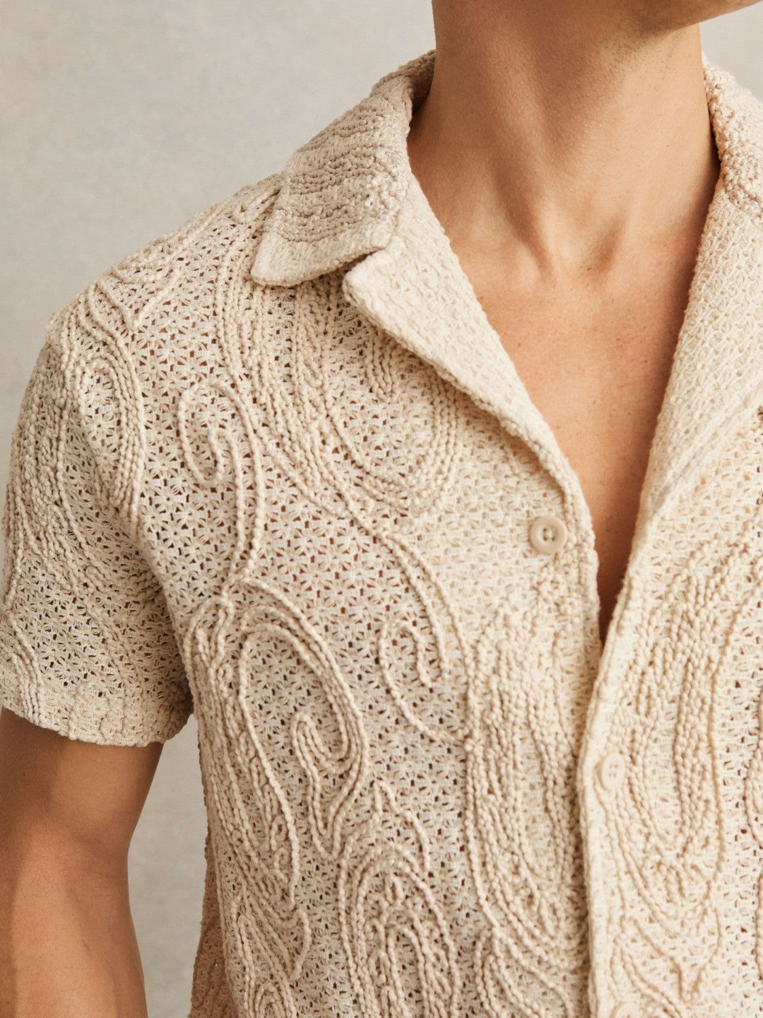 Cotton-Blend Embroidered Crochet Shirt in Oatmeal | Reiss Men Featured