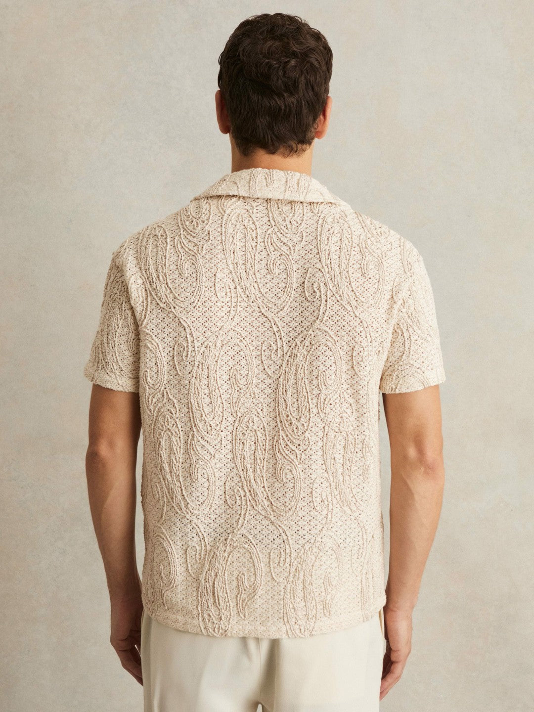 Cotton-Blend Embroidered Crochet Shirt in Oatmeal | Reiss Men Featured