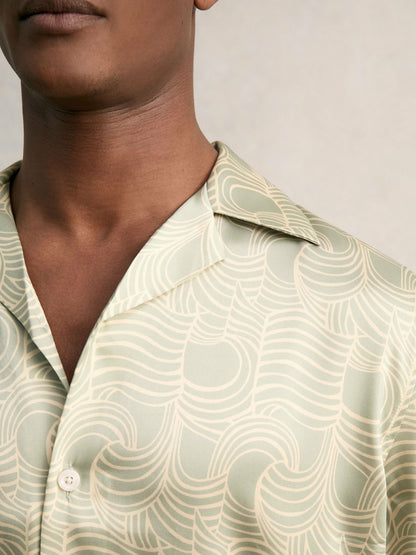 Wave Print Cuban Collar Shirt in Sage Green | Reiss Men Recommended