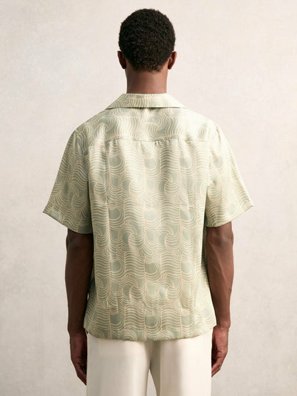 Wave Print Cuban Collar Shirt in Sage Green | Reiss Men Recommended