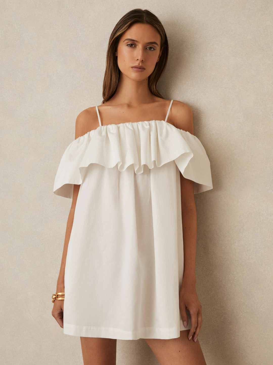 Cotton Off Shoulder Mini Dress in Ivory Cream | Reiss Women Premium