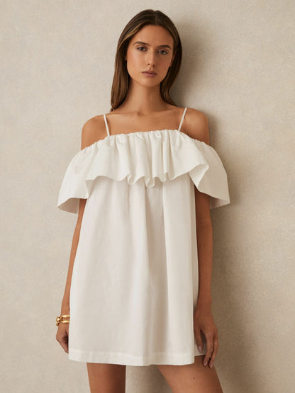 Cotton Off Shoulder Mini Dress in Ivory Cream | Reiss Women Premium