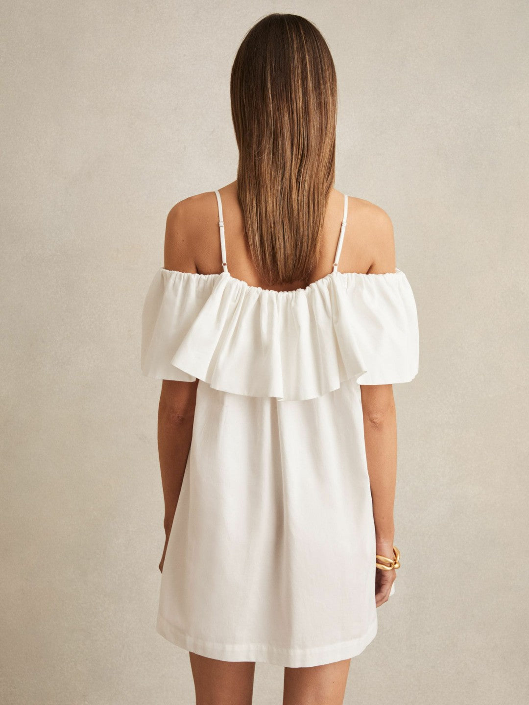 Cotton Off Shoulder Mini Dress in Ivory Cream | Reiss Women Premium