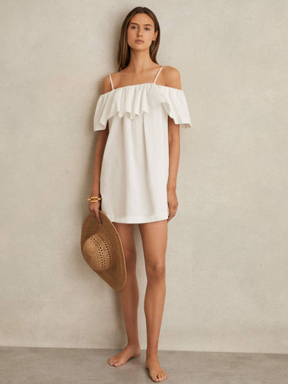 Cotton Off Shoulder Mini Dress in Ivory Cream | Reiss Women Premium