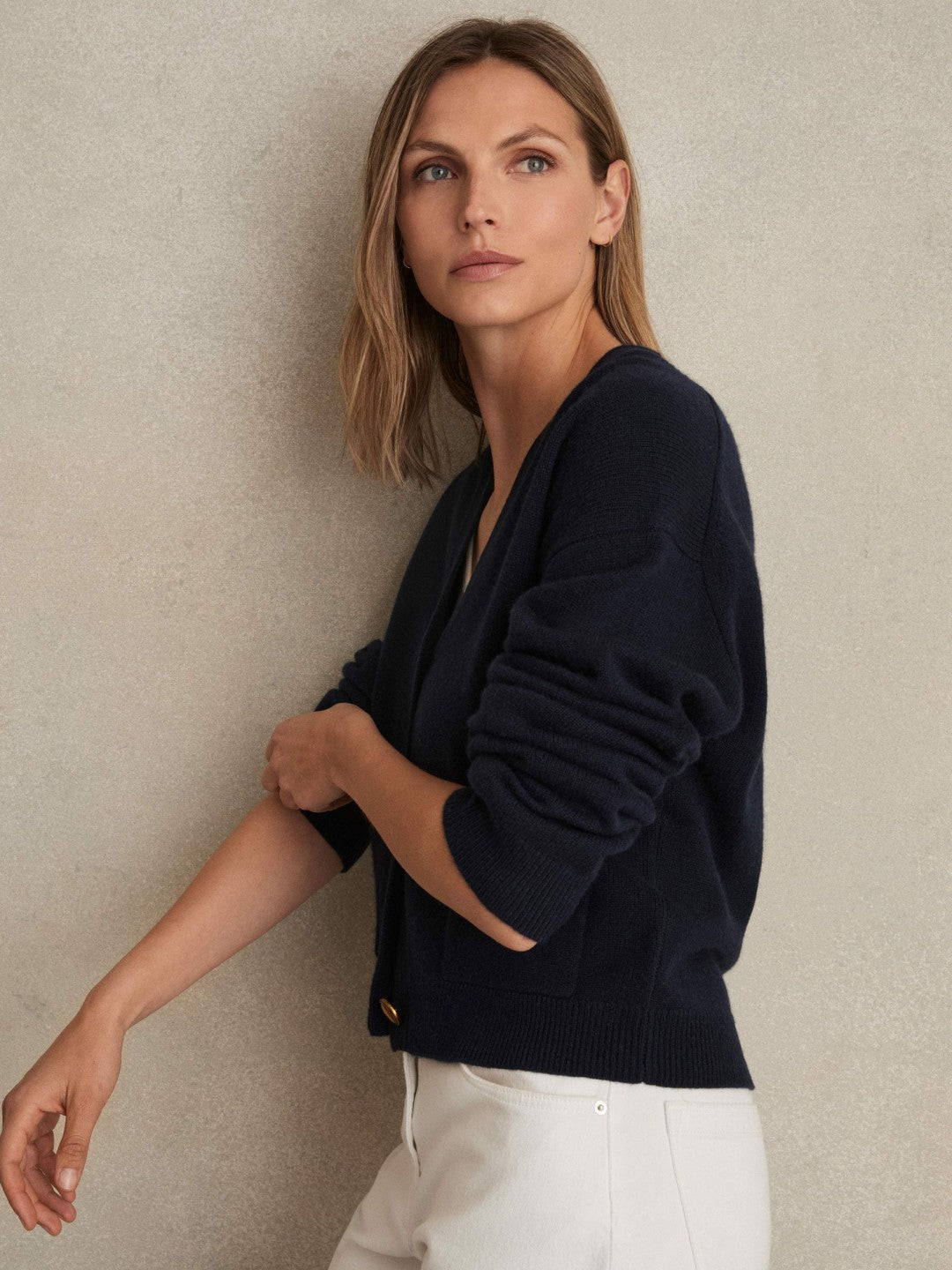 Wool-Cashmere Button Cardigan in Navy | Reiss Women Exclusive