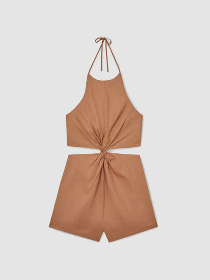 Linen Halterneck Cut Out Playsuit in Brown | Reiss Women Exclusive