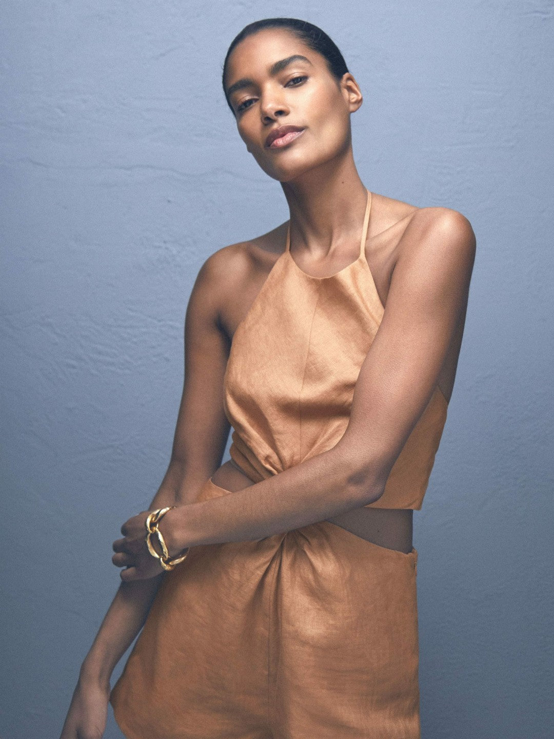 Linen Halterneck Cut Out Playsuit in Brown | Reiss Women Exclusive