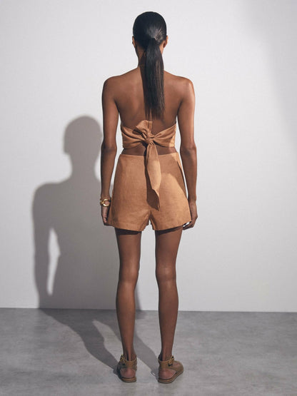 Linen Halterneck Cut Out Playsuit in Brown | Reiss Women Exclusive