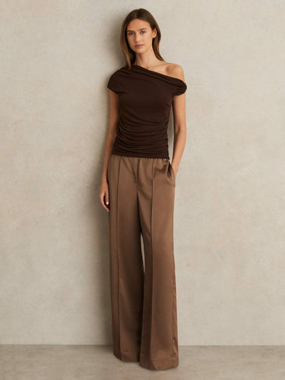 Satin Wide Leg Elastic Waist Trousers in Taupe Neutral | Reiss Women New