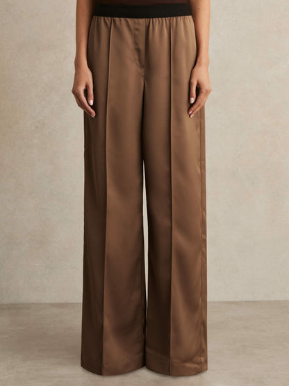 Satin Wide Leg Elastic Waist Trousers in Taupe Neutral | Reiss Women New
