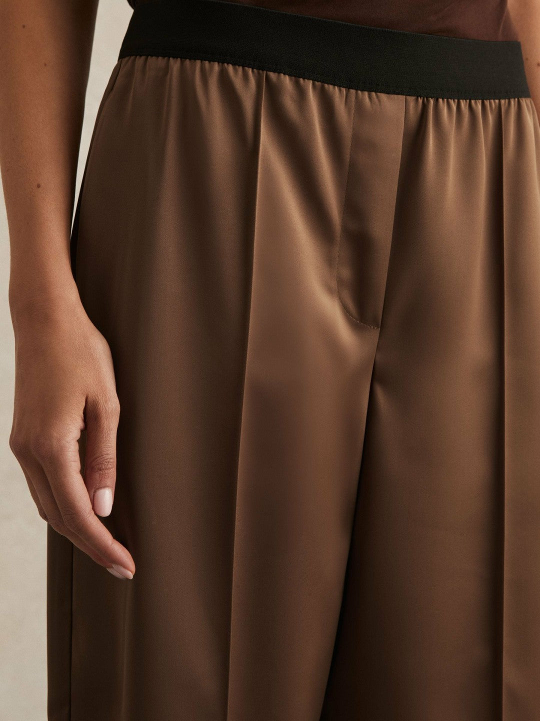 Satin Wide Leg Elastic Waist Trousers in Taupe Neutral | Reiss Women New