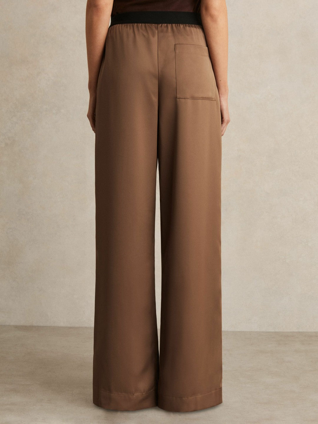 Satin Wide Leg Elastic Waist Trousers in Taupe Neutral | Reiss Women New