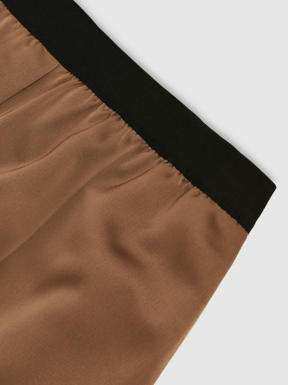 Satin Wide Leg Elastic Waist Trousers in Taupe Neutral | Reiss Women New