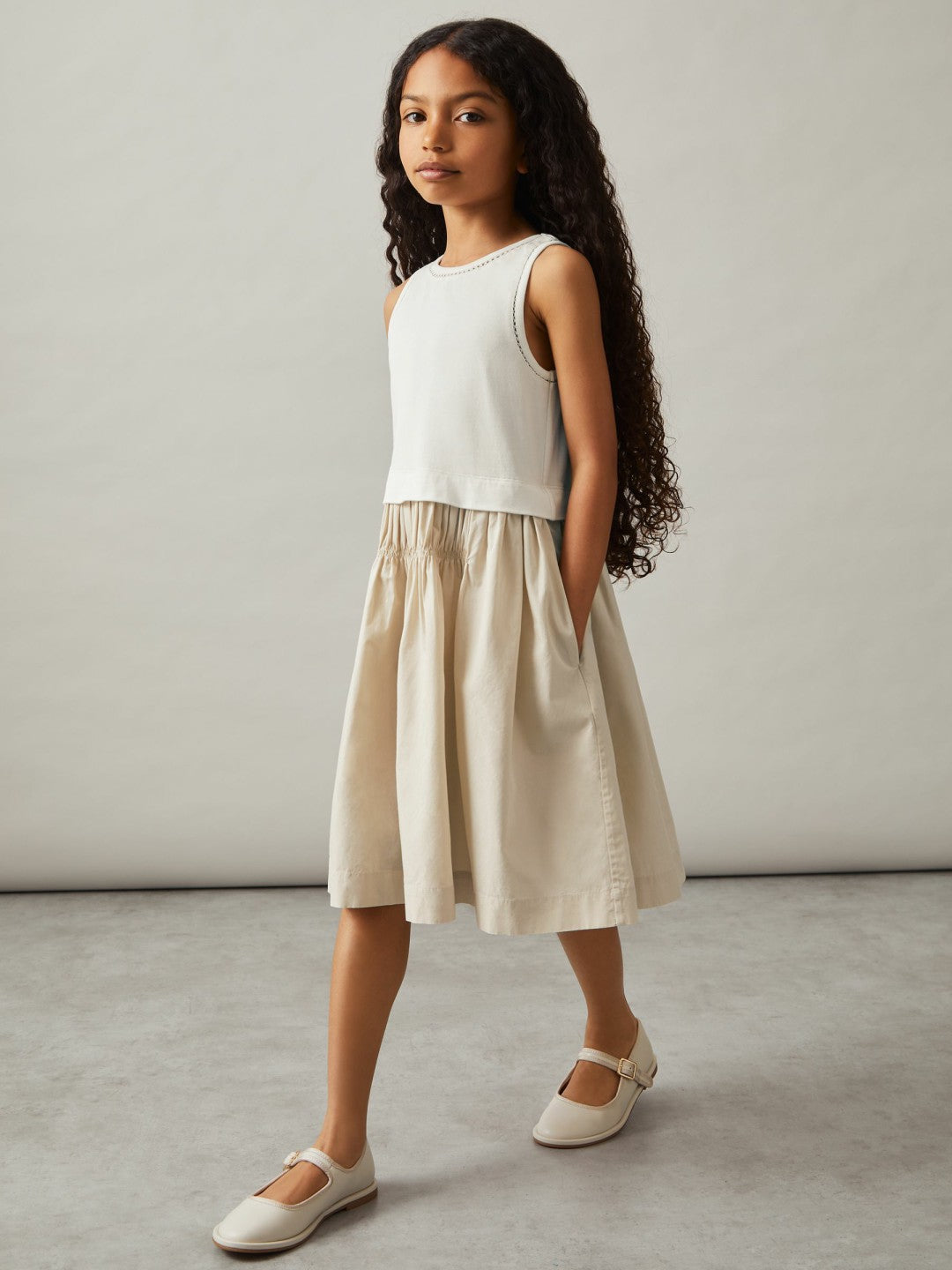 3-9 yrs Cotton Layered Sleeveless Midi Dress in Neutral | Reiss Children & Baby Best Seller