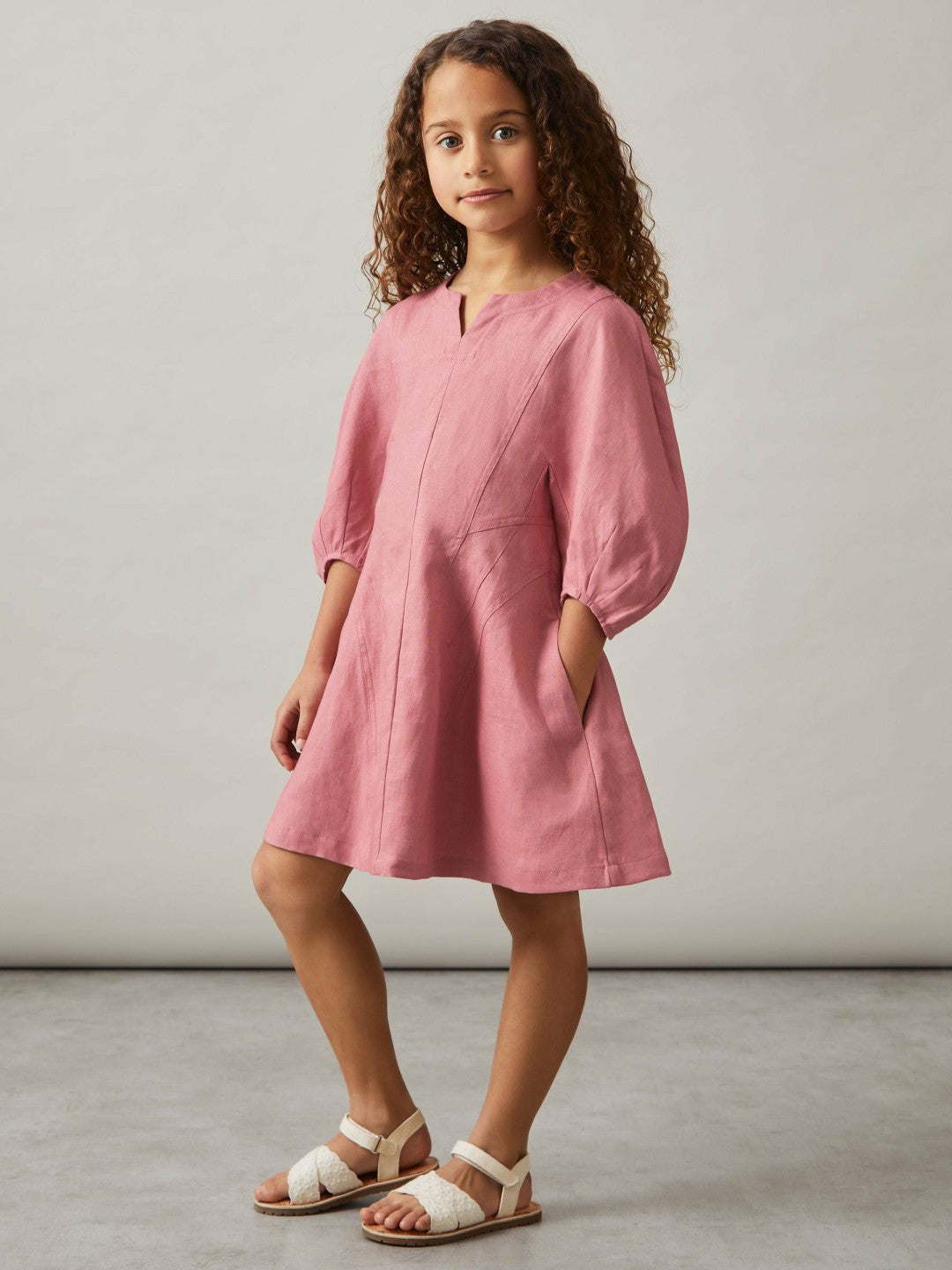 13-14 yrs Linen Balloon-Sleeve Dress in Pink | Reiss Children & Baby Popular