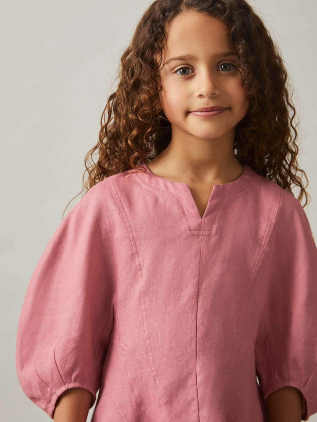 13-14 yrs Linen Balloon-Sleeve Dress in Pink | Reiss Children & Baby Popular