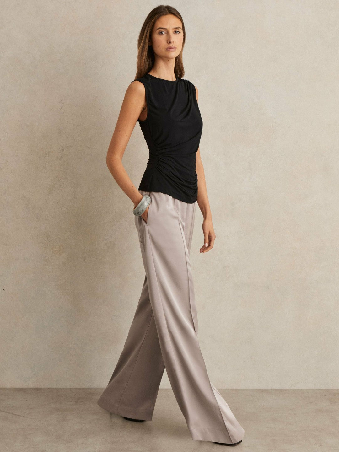 Petite Satin Wide Leg Elastic Waist Trousers in Grey | Reiss Women Premium