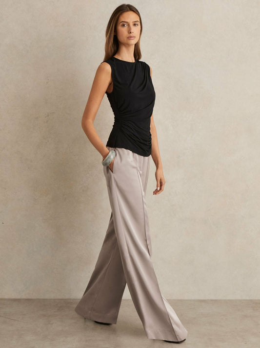Petite Satin Wide Leg Elastic Waist Trousers in Grey | Reiss Women Premium