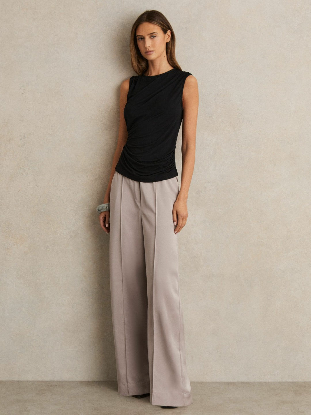 Satin Wide Leg Elastic Waist Trousers in Grey | Reiss Women Recommended