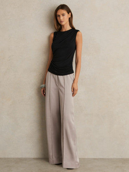 Satin Wide Leg Elastic Waist Trousers in Grey | Reiss Women Recommended