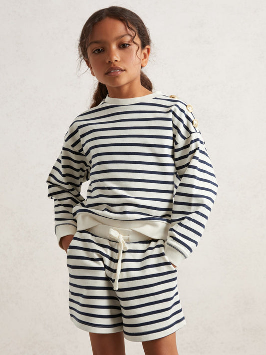 9-13 yrs Stripe Sweatshirt and Shorts Set Cotton-Blend in Navy/Ivory | Reiss Children & Baby Signature
