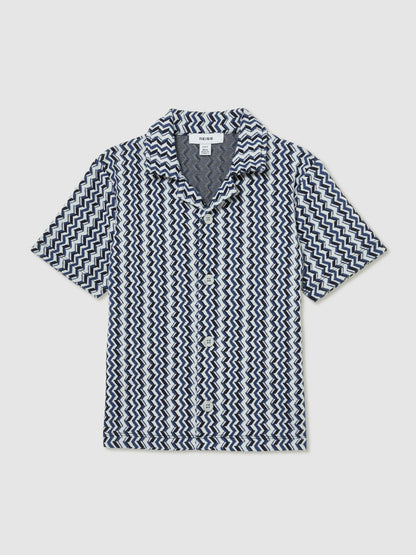 3-9 yrs Zig-Zag Knit Cuban-Collar Shirt in Blue | Reiss Children & Baby Premium