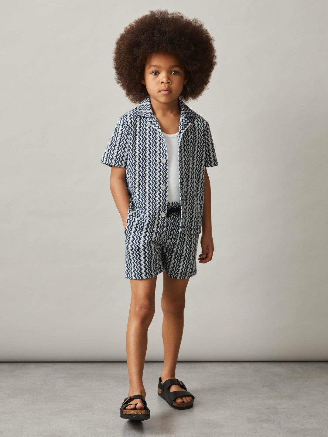 3-9 yrs Zig-Zag Knit Cuban-Collar Shirt in Blue | Reiss Children & Baby Premium